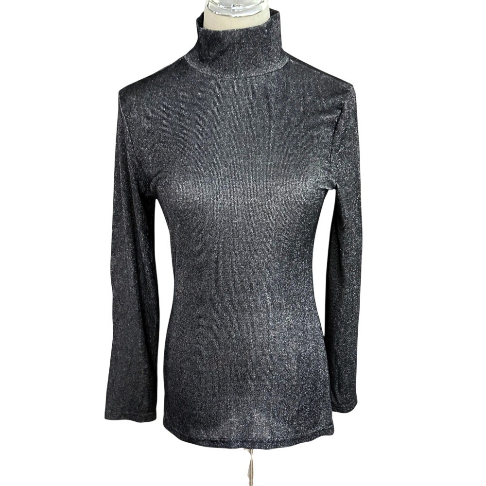 Serra Metallic Mock Neck Top Black Silver S NWOT Glam